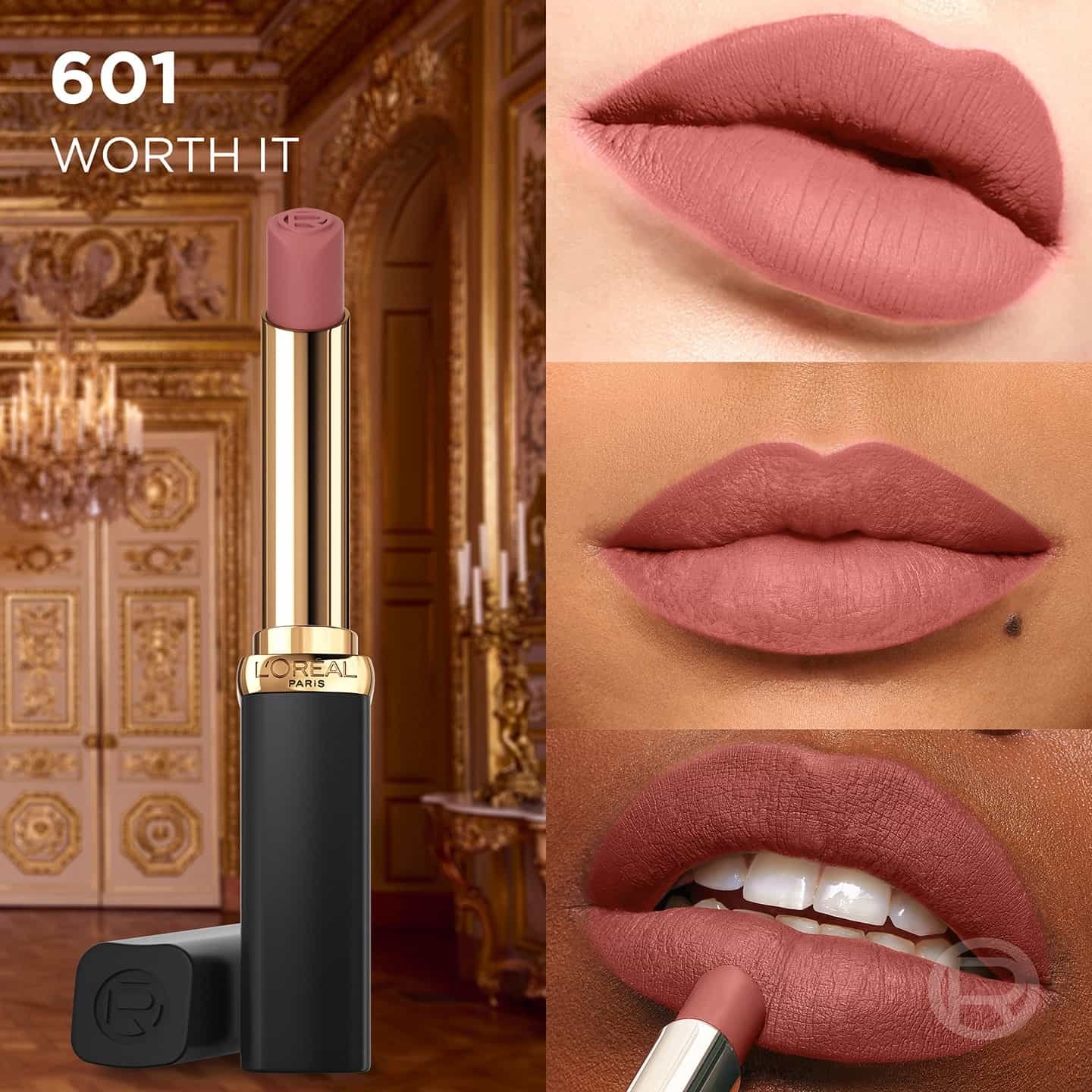 Collage zu Color Riche Intense Volume Matte Lippenstift 601 Worth It - Produktdetails mit Nahaufnahmen